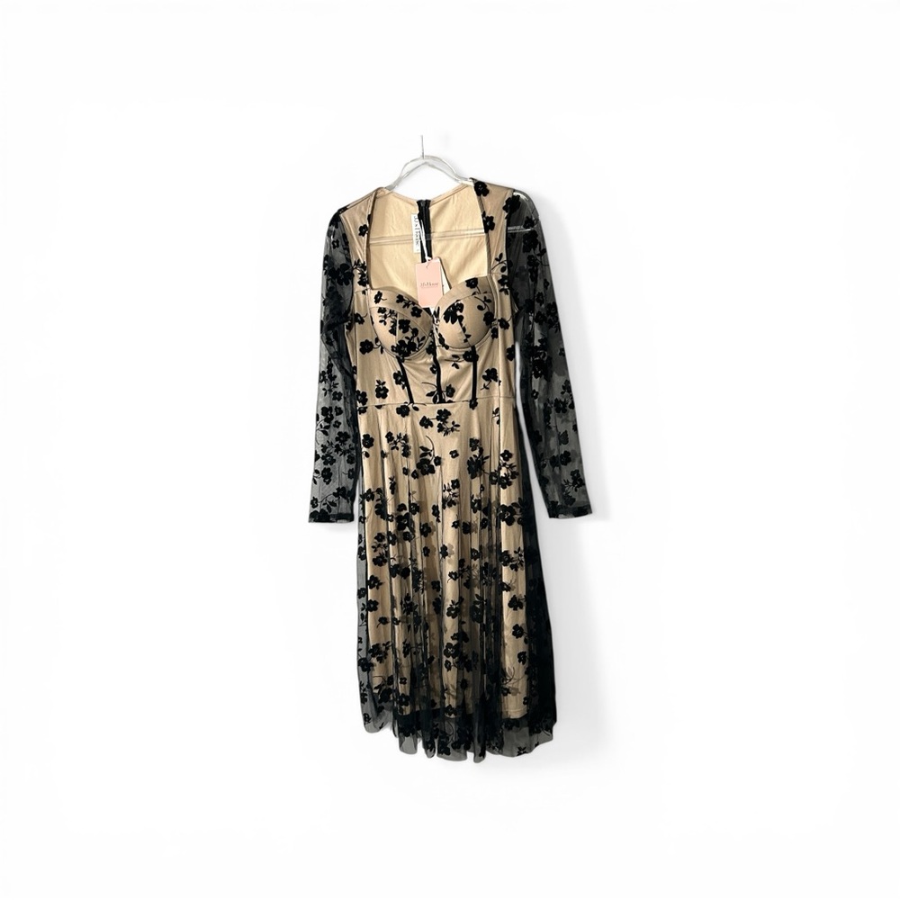 JJs House Apricot Nude Black Lace Midi Occasion Dress New with Tags size L